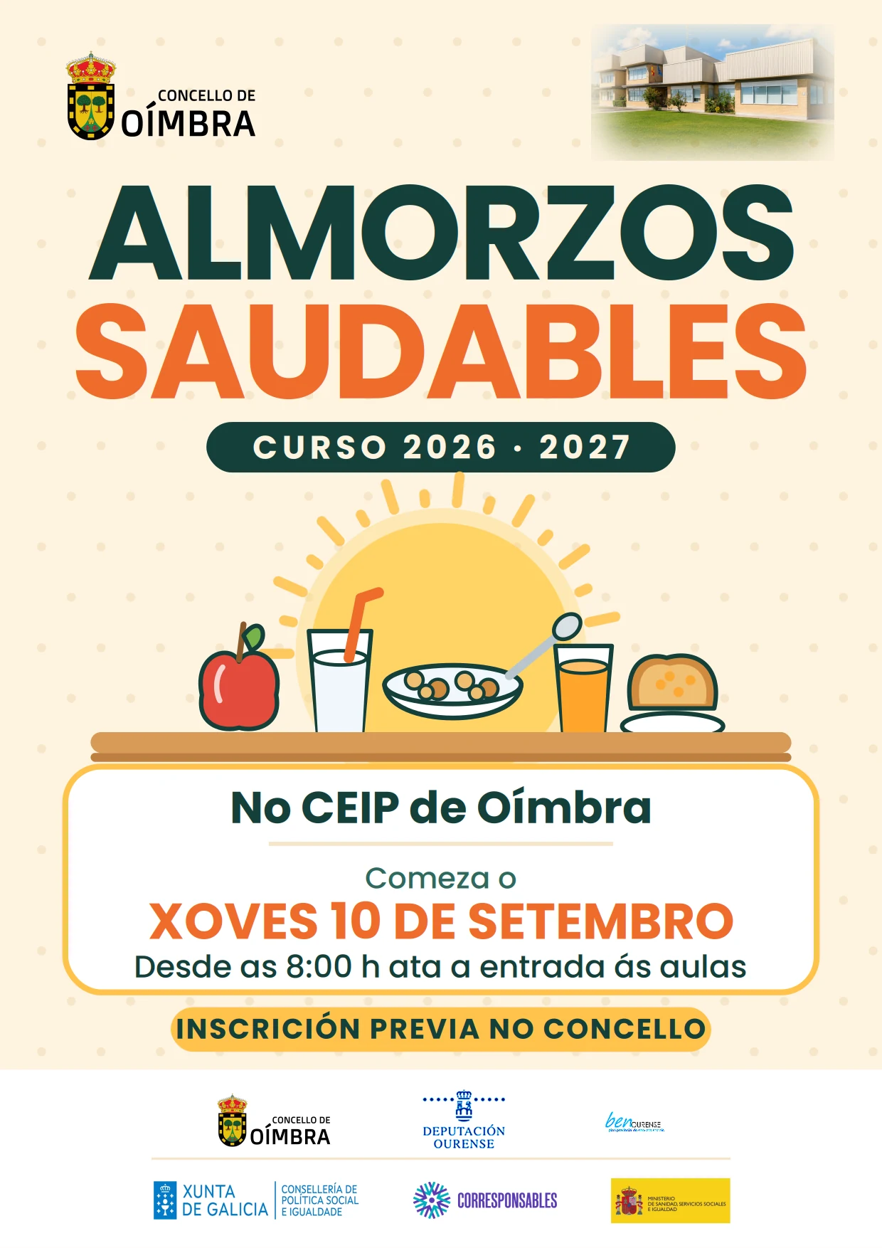 Cartel do programa Almorzos Saudables do curso 2026/2027 no CEIP de Oímbra. Comeza o xoves 10 de setembro desde as 8:00 h ata a entrada ás aulas.